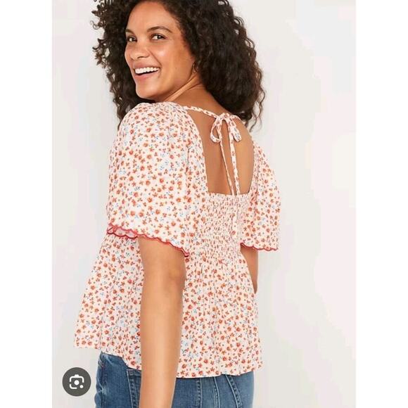 Old Navy White Orange Ditzy Floral Girly Flutter Sleeve Swing Blouse Size XL - Picture 2 of 11